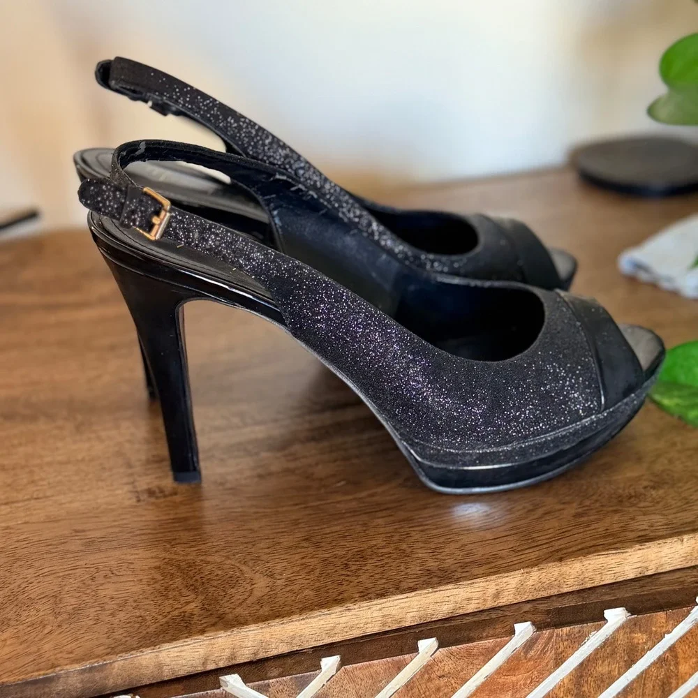 Marc Fisher Slingback Heels Women 8M Black‎ Glitter Peep Toe Platform Pump 5179